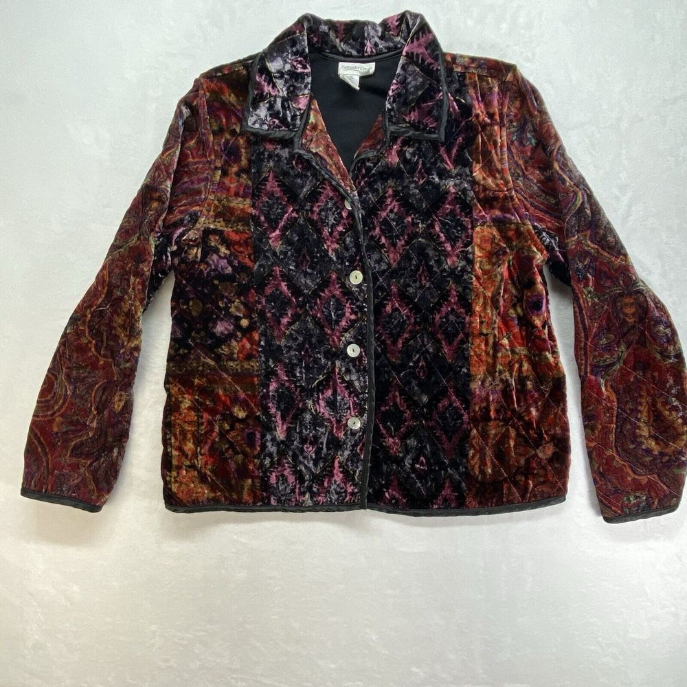 Coldwater Creek Jacket Women L Boho Plush Velvet Devore Funky Plush‎ Quilt art